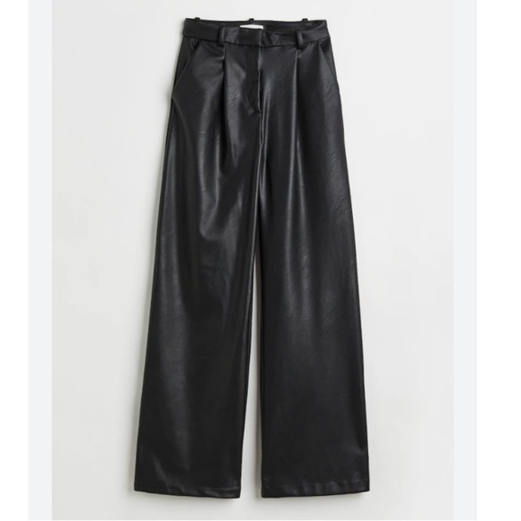 New H&M Faux Leather Wide Leg Pants High Waisted Trousers Pleated Black - Picture 1 of 8